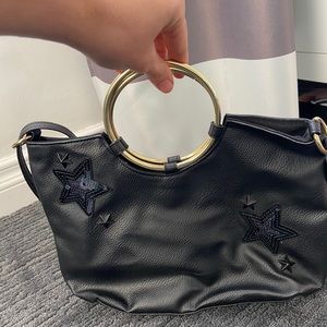 Sequin star faux leather black purse